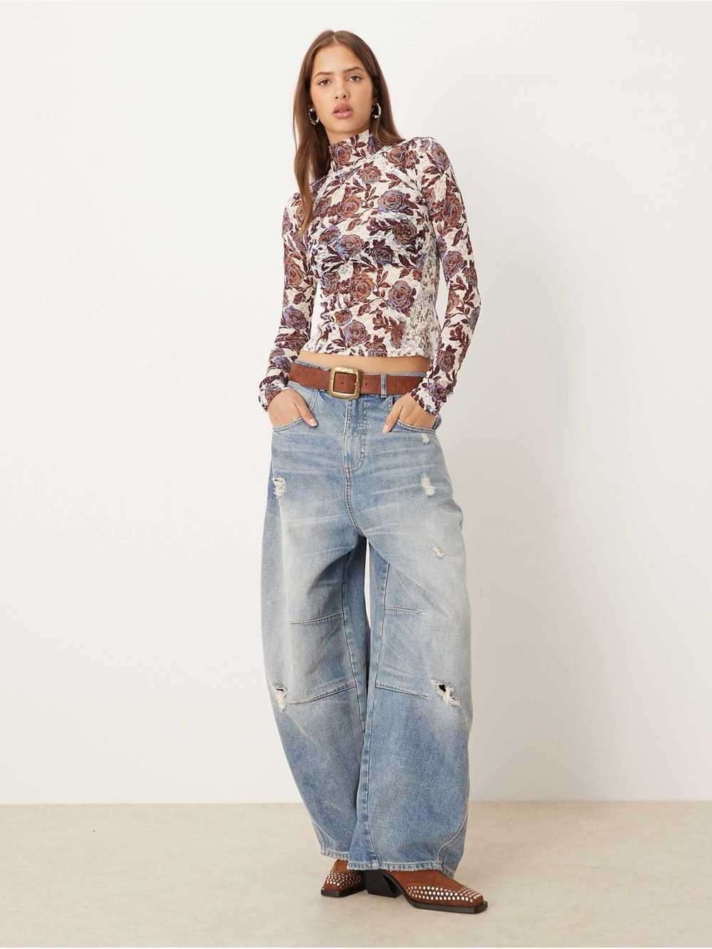 Free People lace high collared Lyric long sleeve top in ivory floral print small